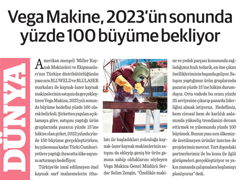 Vega Makina, 2023'ün sonunda yüzde 100 büyüme bekliyor